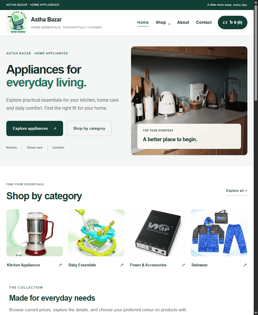 Home appliance storefront with category navigation and a focused product hero shown in a tablet presentation frame
