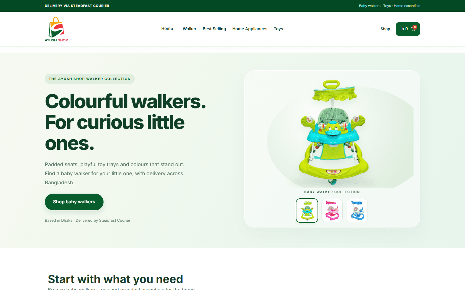 Baby product storefront homepage with a collection-led shopping interface shown in a desktop presentation frame