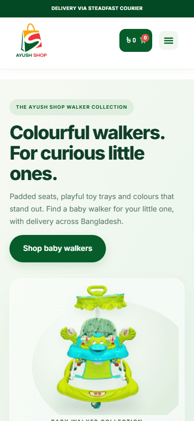 Baby product storefront homepage with a collection-led shopping interface shown in a phone presentation frame