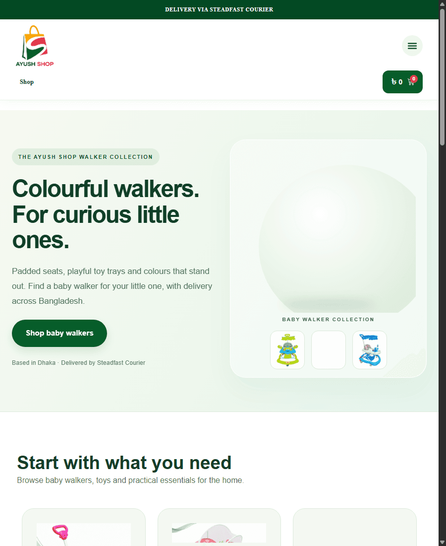 Baby product storefront homepage with a collection-led shopping interface shown in a tablet presentation frame