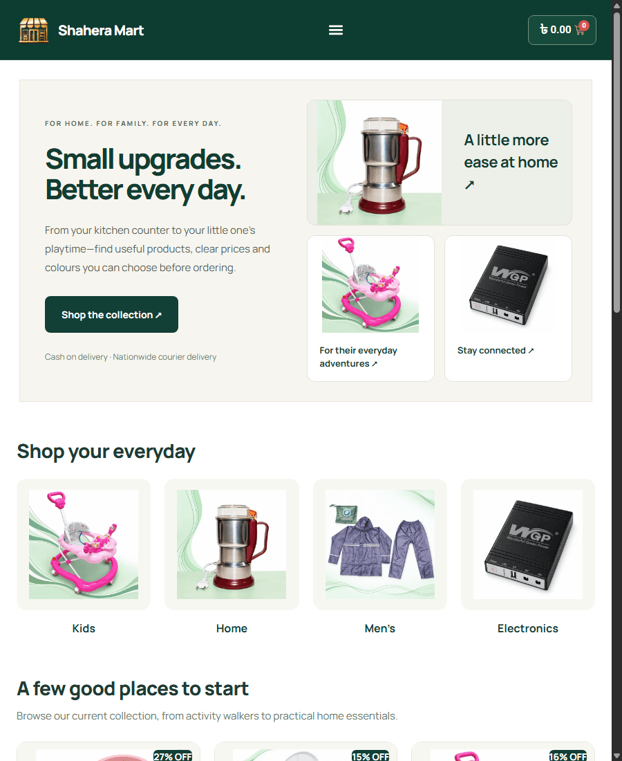 Multi-category storefront with editorial merchandising and product discovery cards shown in a tablet presentation frame